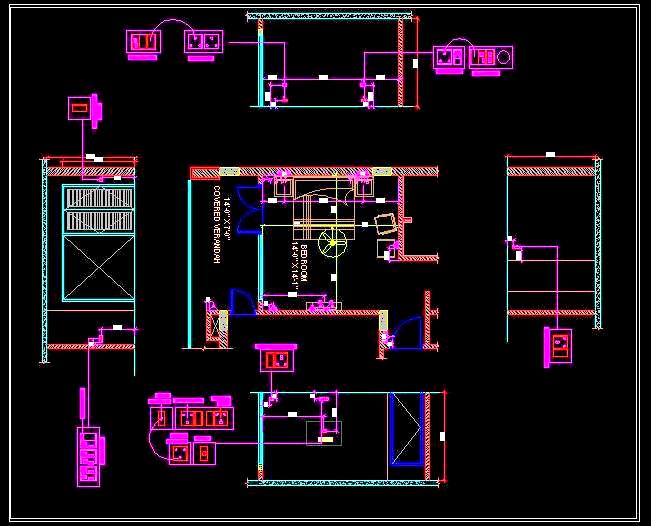 Bedroom Electrical Layout DWG- Switches, Sockets, and More